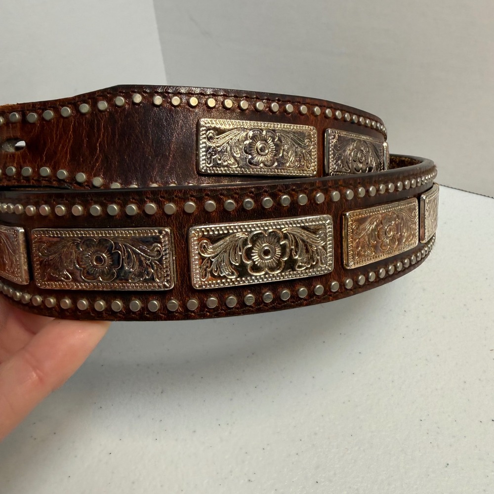 Nocona Belt Co Silver Overlay Conches Floral Embossed Metal Rawhide Belt 42 - Picture 7 of 16